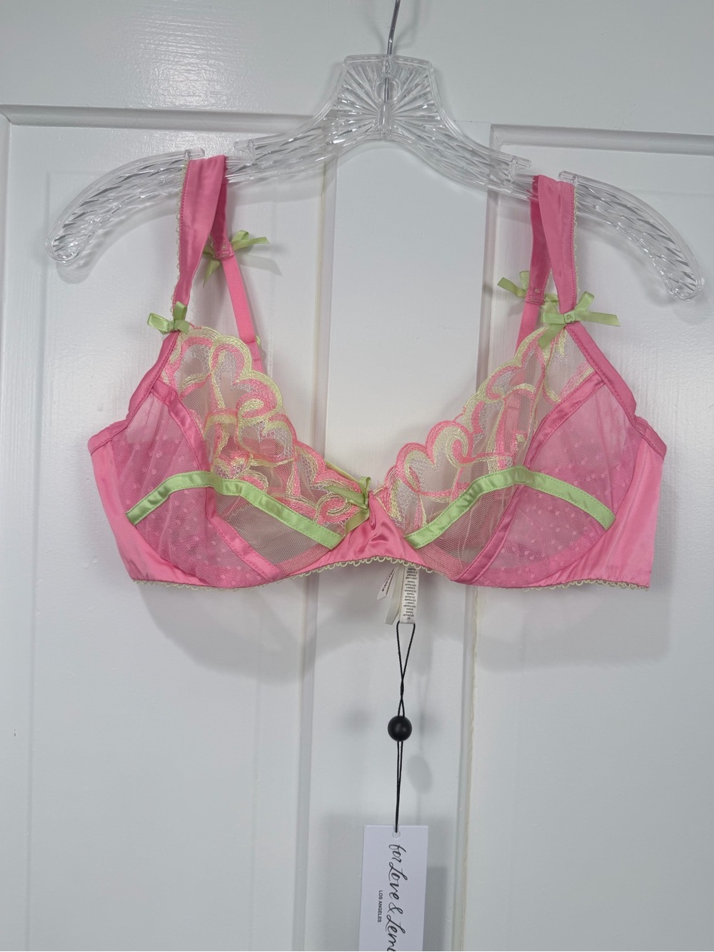 For Love And Lemons Pink Sheer Lace Underwire Bra with Lime Trim